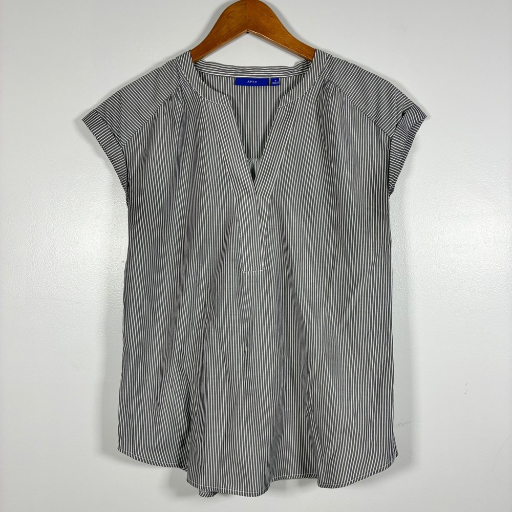 Apt. 9 Blouse S Pinstripe V-Neck Cap Sleeve High-Low Hem Office Chic Preppy